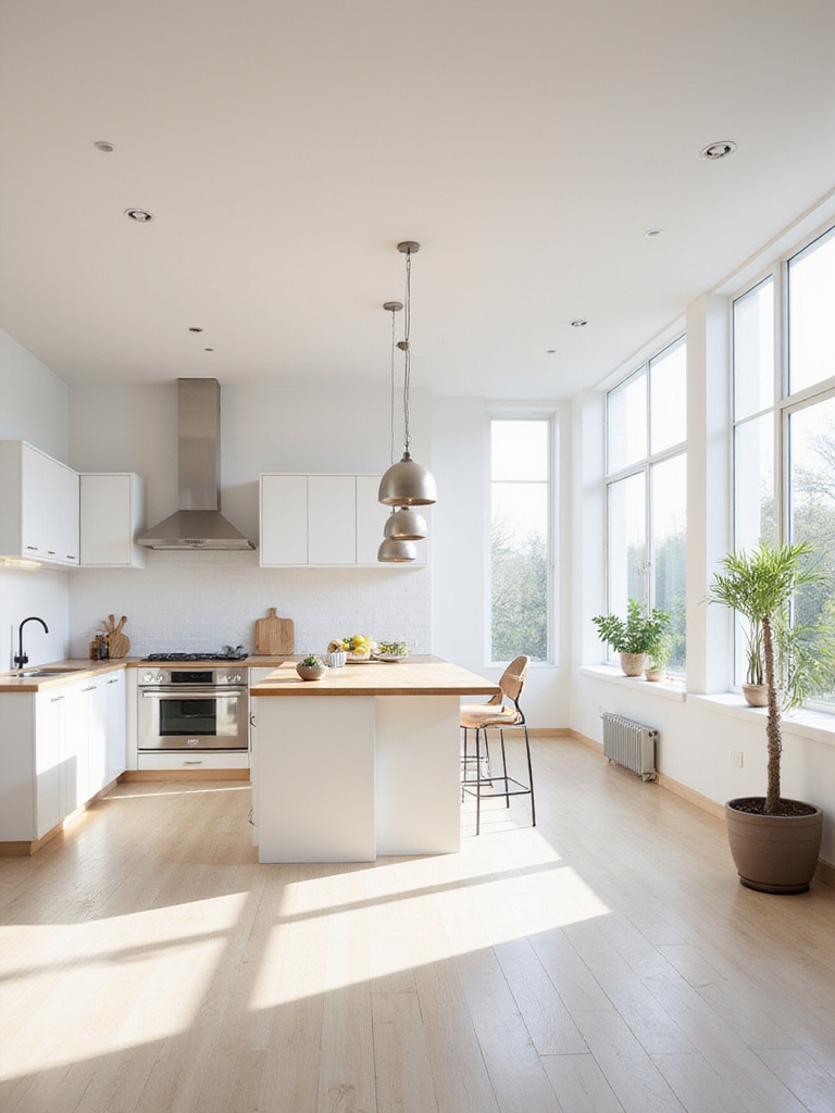 Scandinavian kitchen with minimalist pendant lighting above island