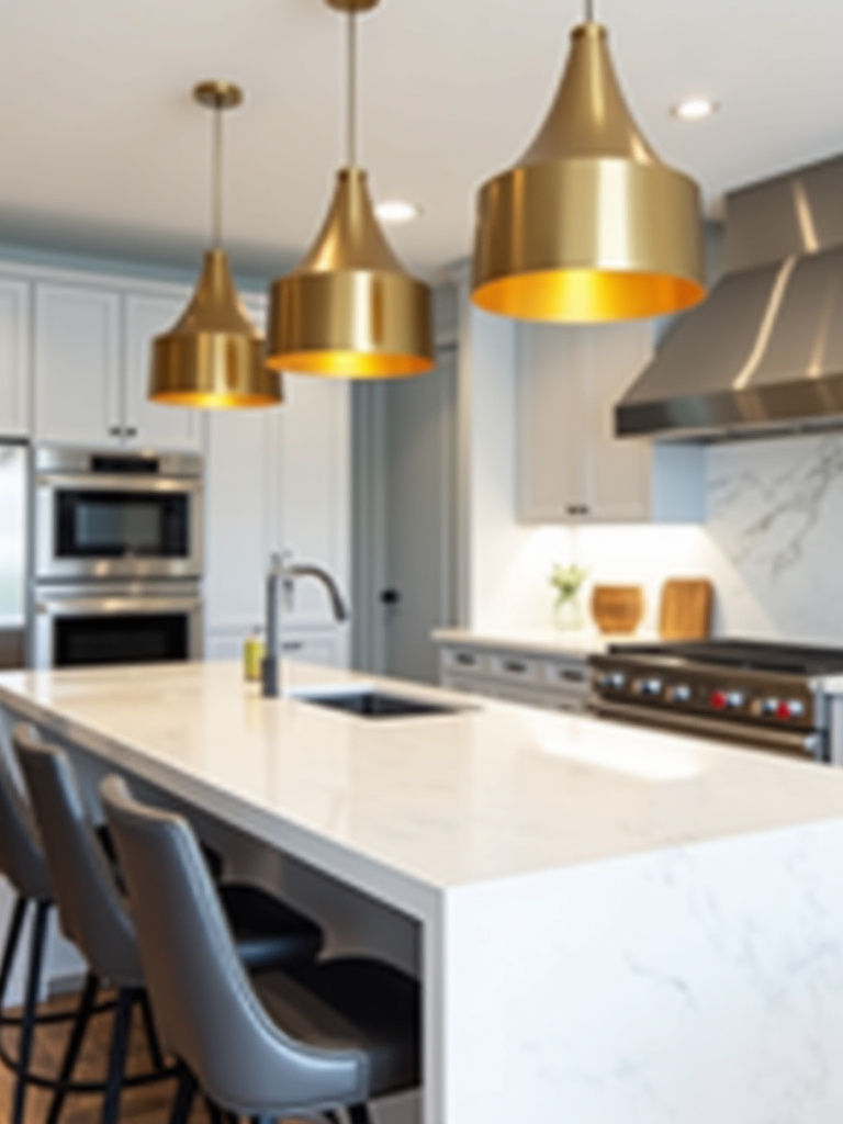 Modern kitchen island with three brushed gold geometric pendant lights providing task and ambient lighting.