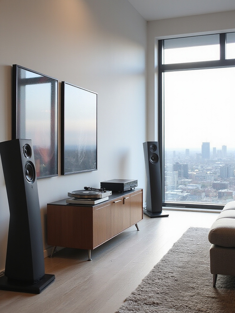Luxury living room with seamlessly integrated high-end audio system