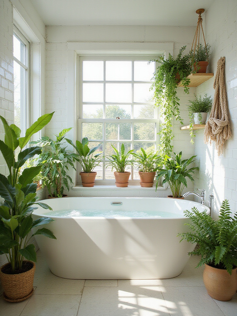 Bathroom interior design with lush greenery creating a relaxing and natural atmosphere