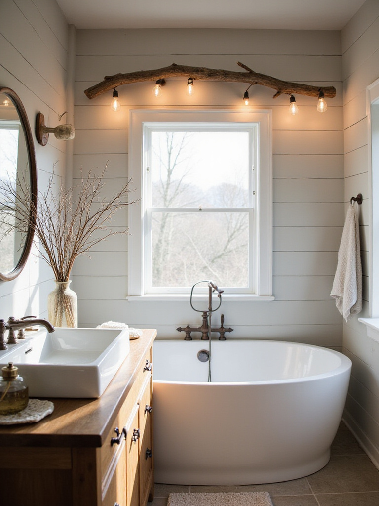 Rustic bathroom featuring antler and branch decor for a cabin-inspired feel