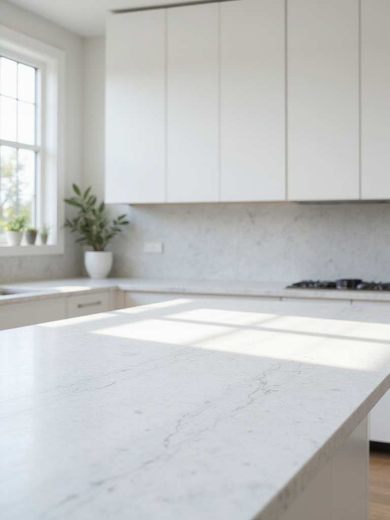 Scandinavian kitchen with light grey quartzite countertop and backsplash