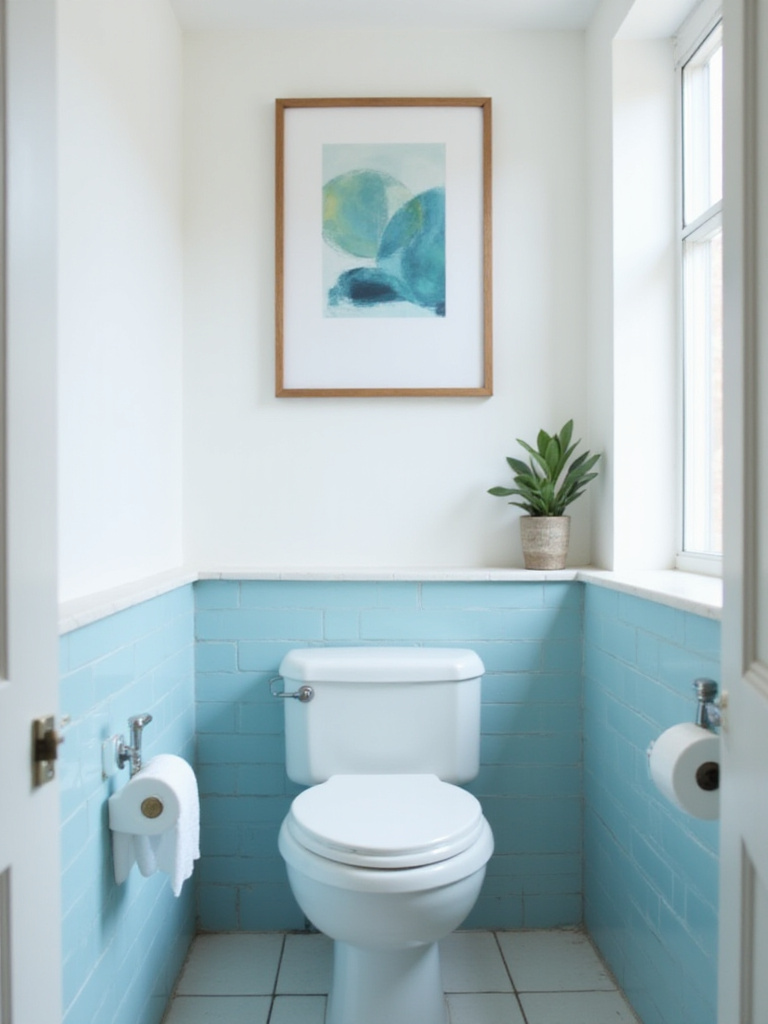 Small bathroom with framed abstract art print above toilet.
