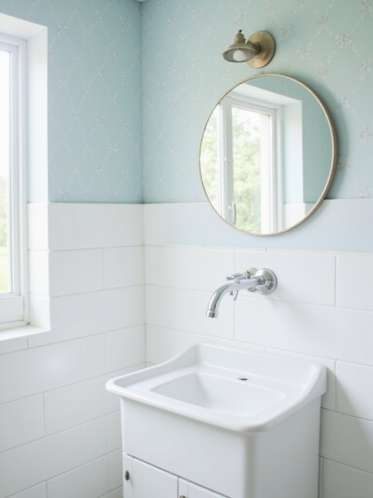 Small bathroom with light blue geometric wallpaper above white subway tile.