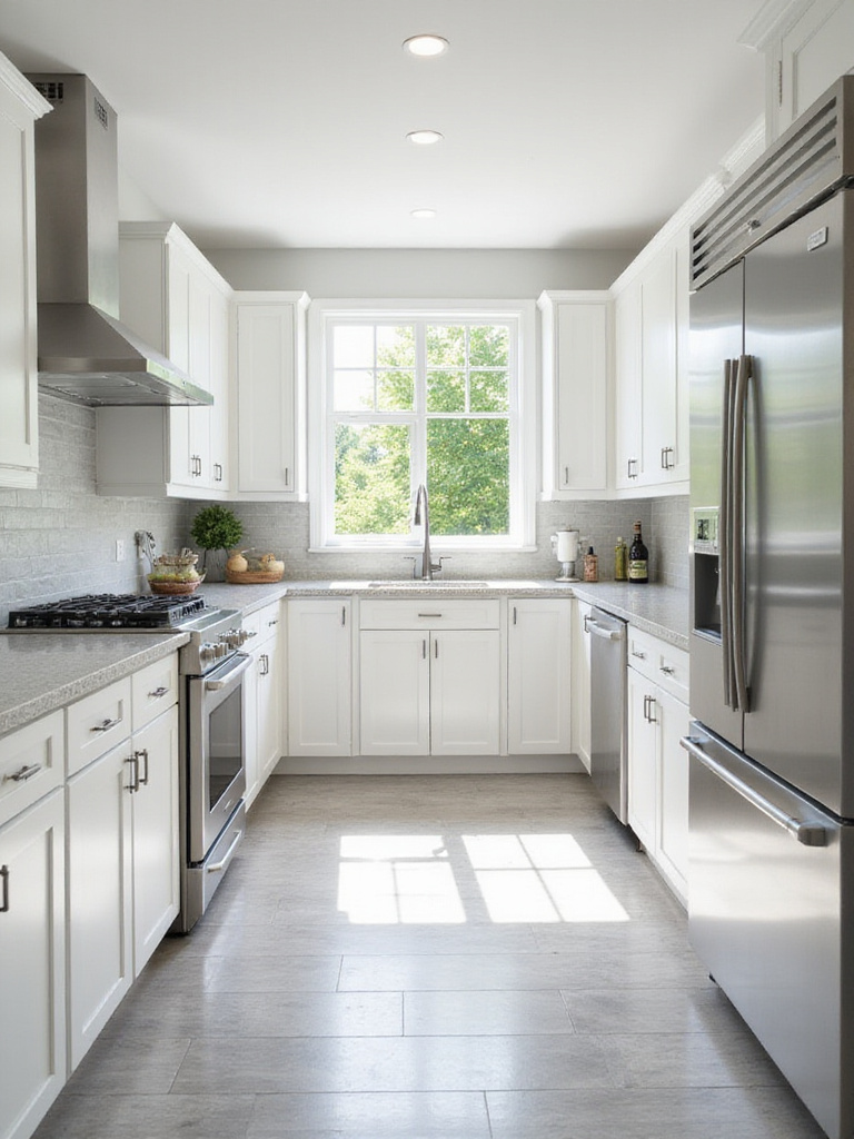 Bright white kitchen with shaker cabinets, stainless steel appliances, and light gray quartz countertops.