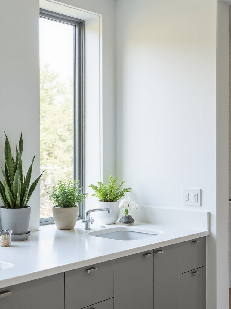 Modern bathroom with indoor plants on countertop