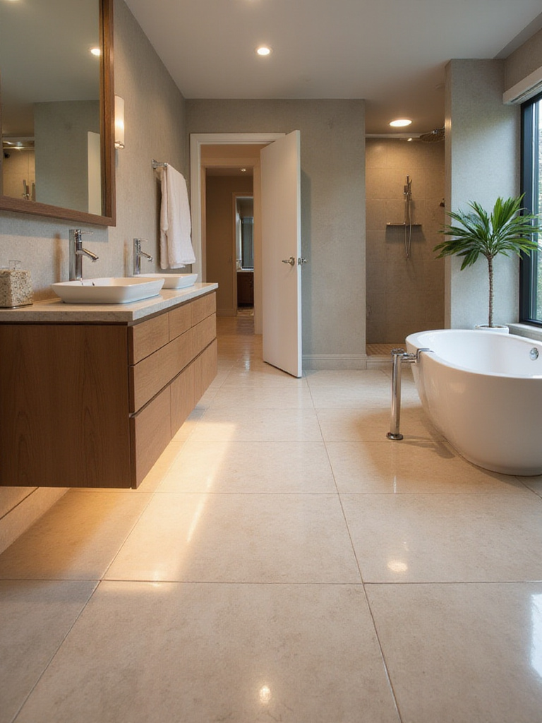 Luxurious bathroom with radiant floor heating and porcelain tile flooring