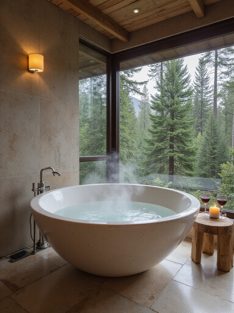 Luxurious bathroom featuring a deep soaking tub with a view of a forest.