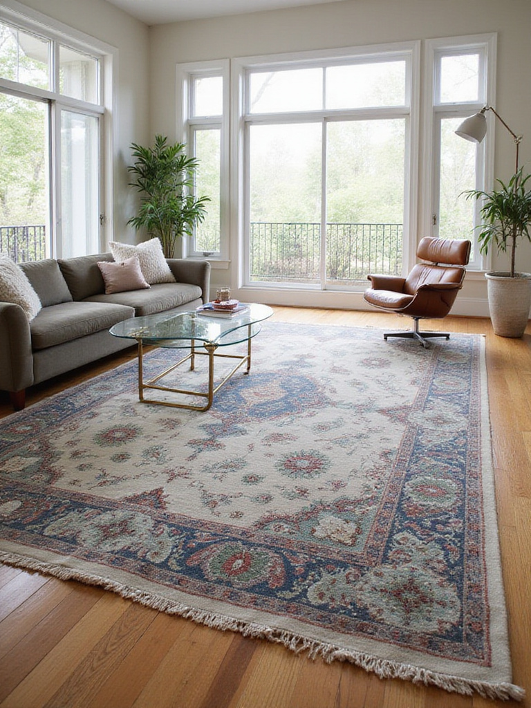 Luxurious living room featuring a silk and wool rug with a jewel-toned pattern.