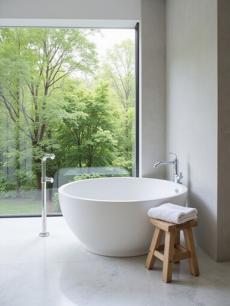 Luxurious freestanding soaking tub in a modern bathroom with a garden view