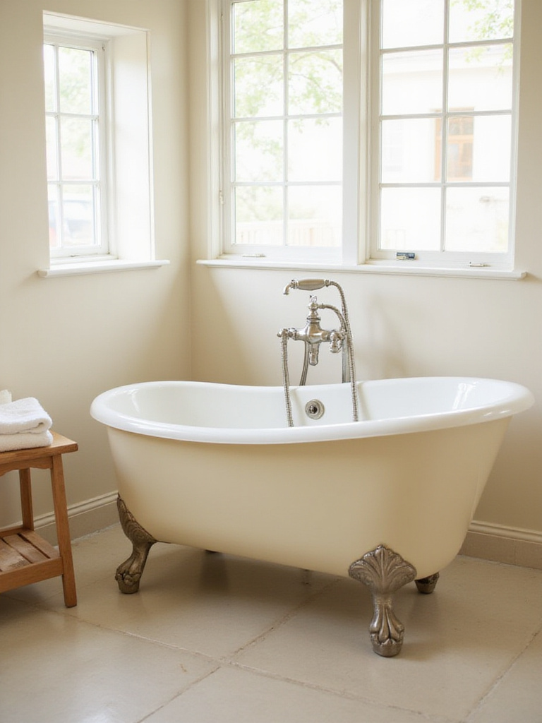 Rustic bathroom with a cream-colored clawfoot tub and brushed nickel faucet.