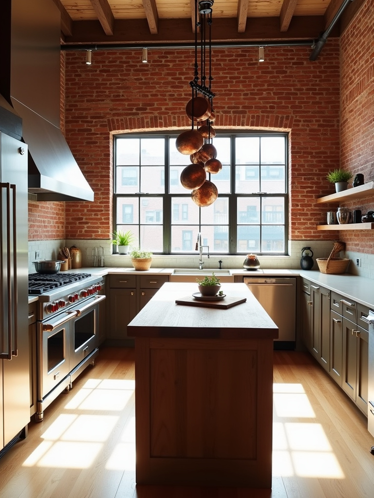 Modern kitchen with exposed brick walls, stainless steel appliances, and butcher-block island.