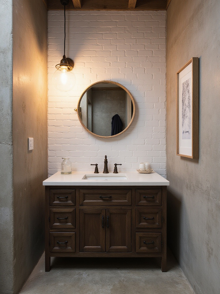 Modern bathroom with industrial-style pendant light above a dark wood vanity.