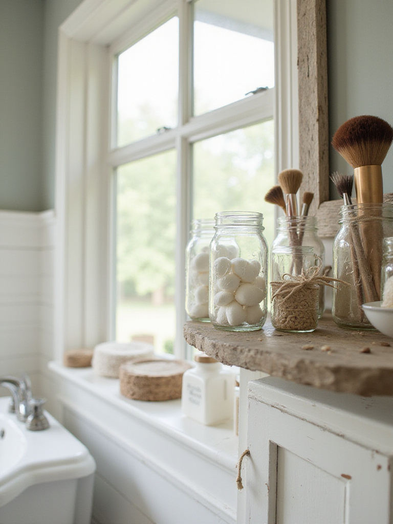 Rustic bathroom shelf with mason jar organizers holding bathroom essentials.