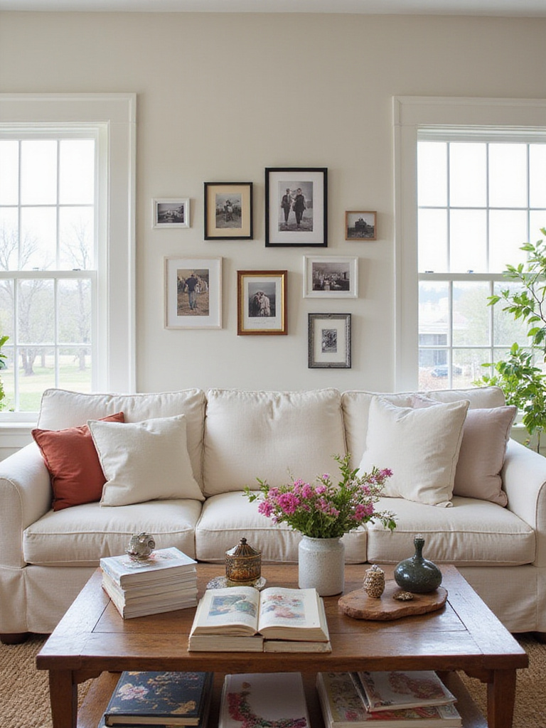 Cozy living room with gallery wall and travel souvenirs on coffee table.