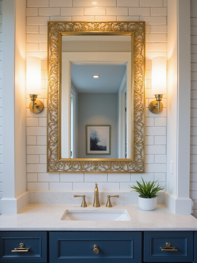 Bathroom with white subway tile, dark blue vanity, and a rectangular mirror with a decorative gold geometric frame.