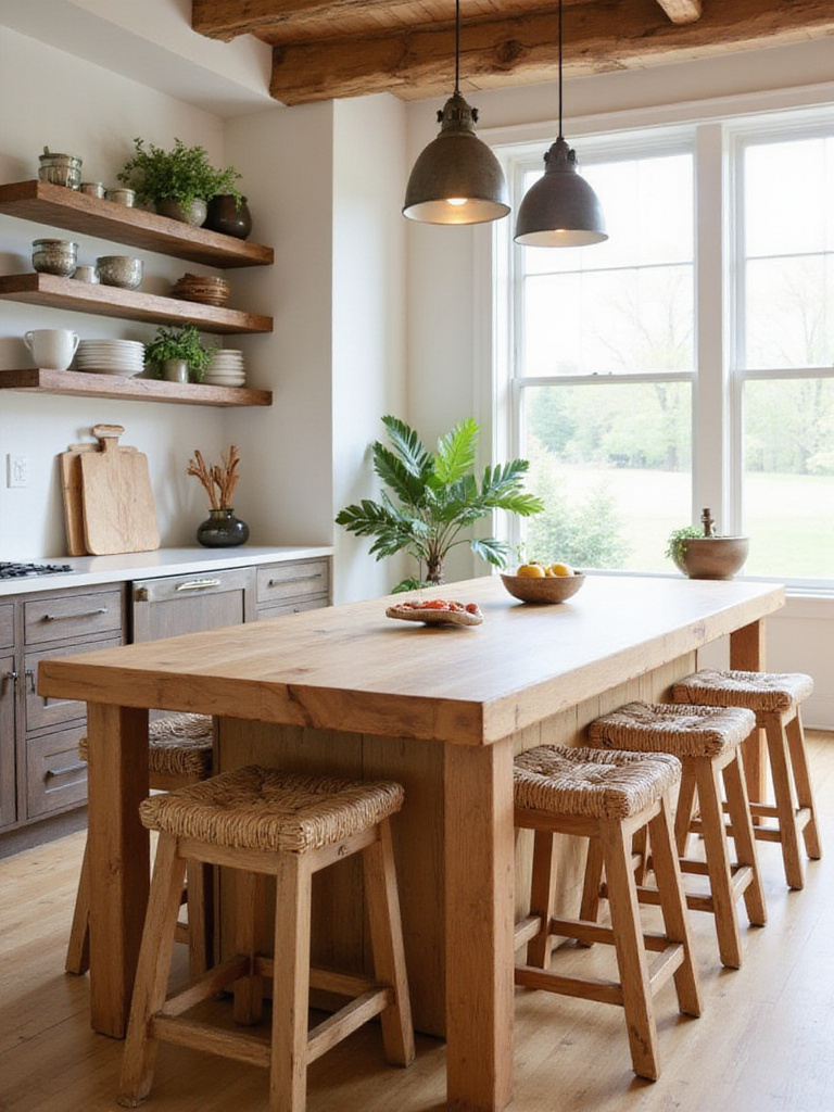 Kitchen with light oak butcher block island and reclaimed wood open shelving.