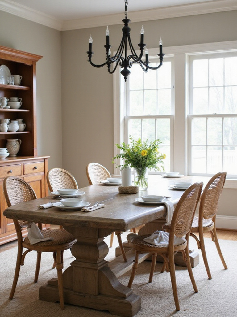 Farmhouse dining room with rustic wood table and hutch