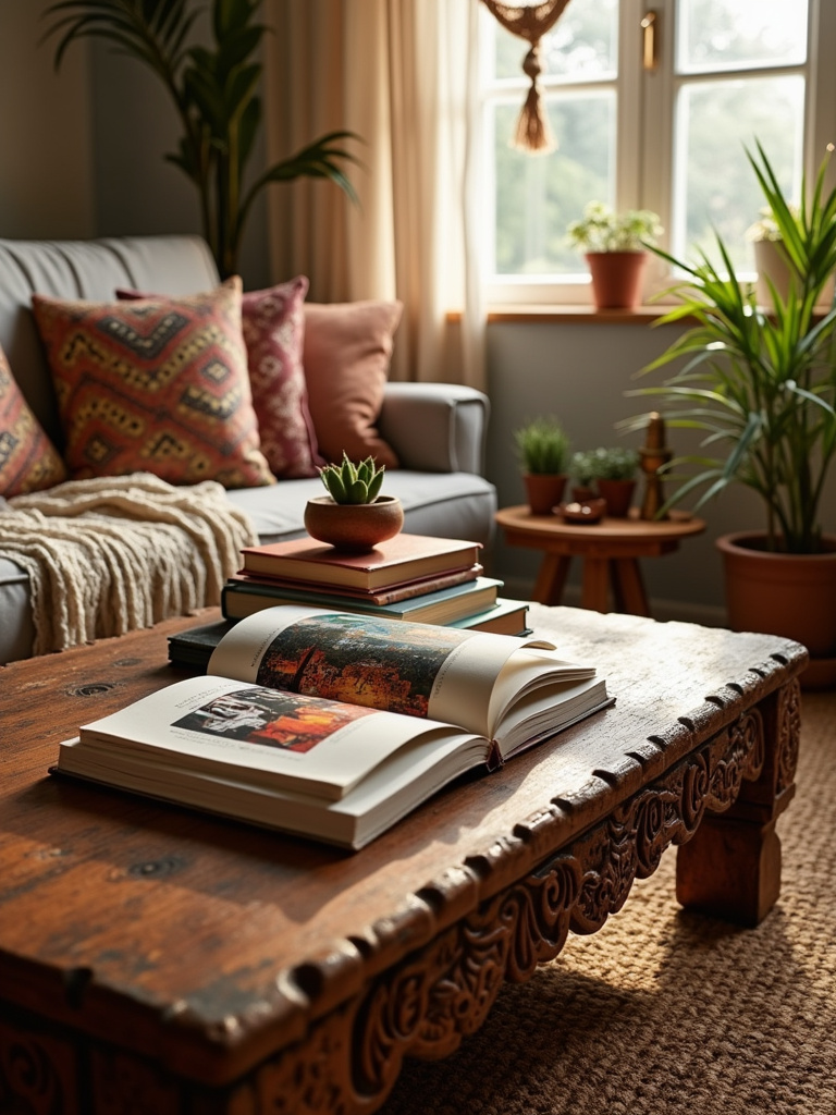 Boho living room with travel-themed coffee table books inspiring wanderlust.