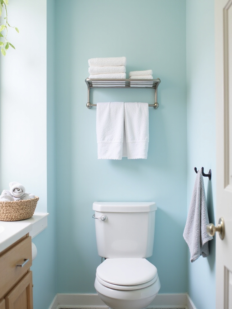 Small bathroom with tiered towel bar above toilet and hooks on vanity for space-saving towel storage