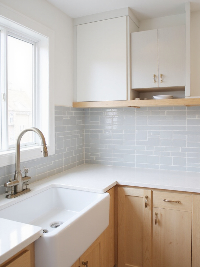 Modern kitchen with light gray peel-and-stick subway tile backsplash.