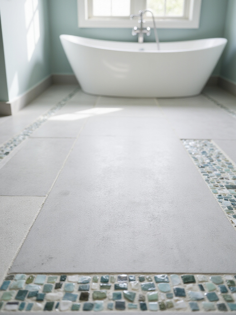 Bathroom floor with light grey porcelain tiles and a geometric mosaic border in blue, green, and white.