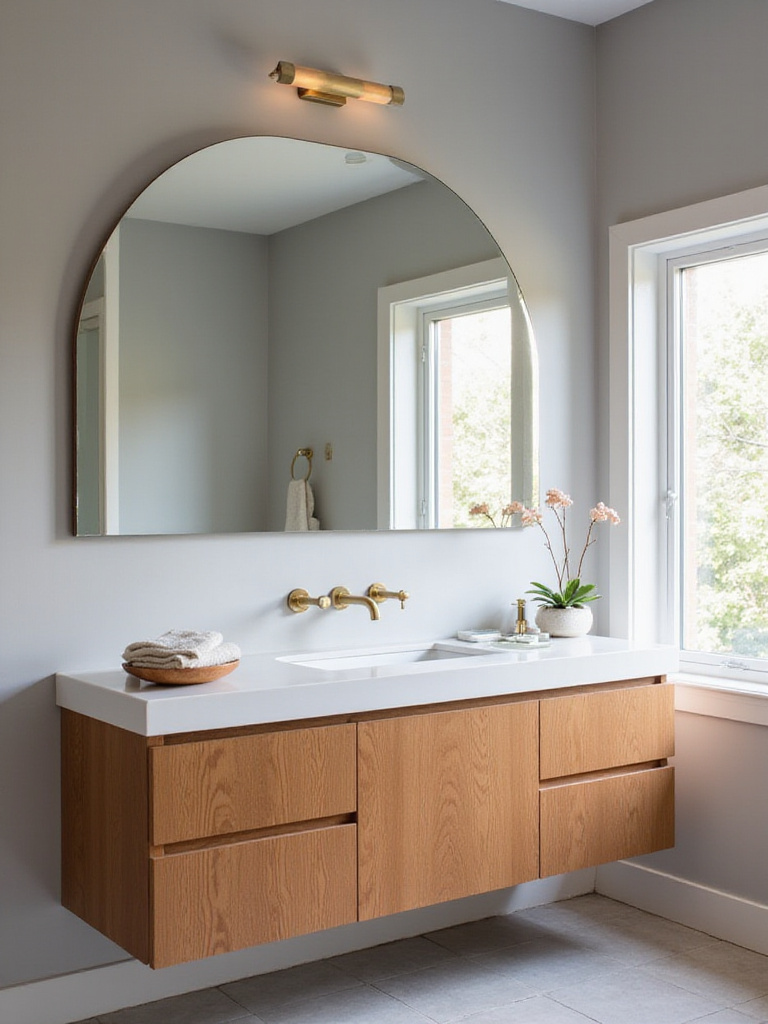 Modern bathroom with a large arched mirror above a floating wood vanity.