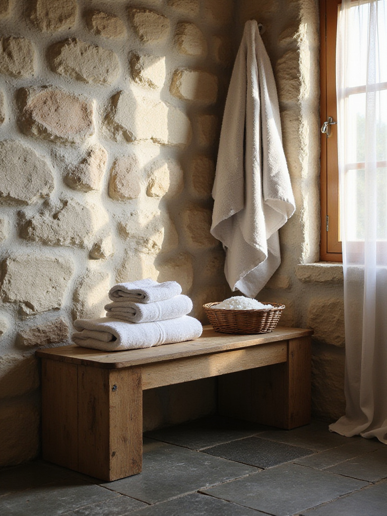 Rustic bathroom with wooden bench for seating and storage.