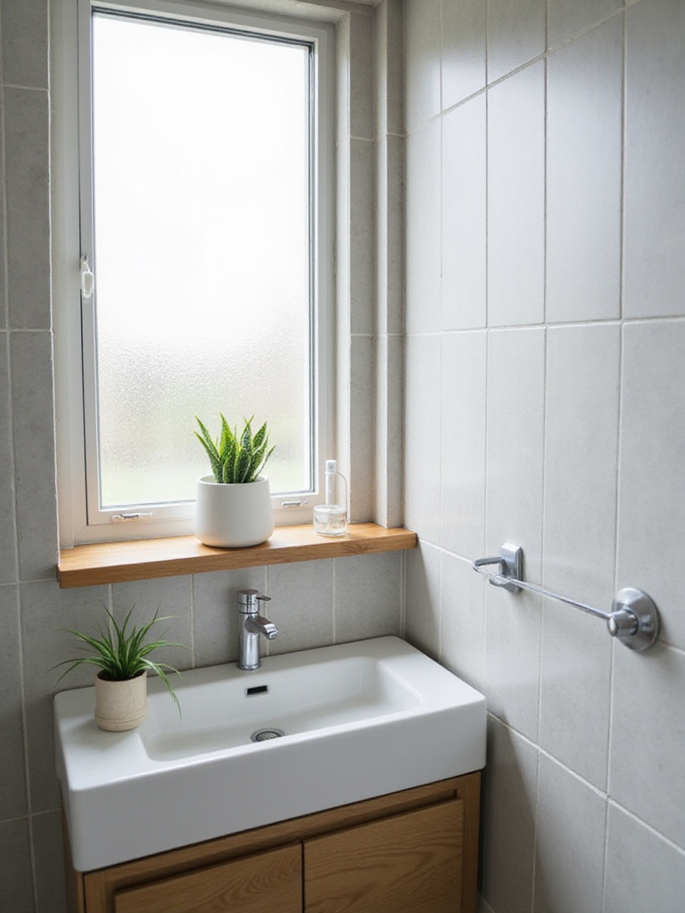 Small bathroom with snake plant on floating shelf for a touch of freshness