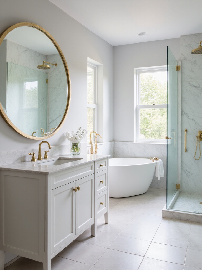 Bathroom with gold metallic accents on vanity hardware, mirror frame, and showerhead.