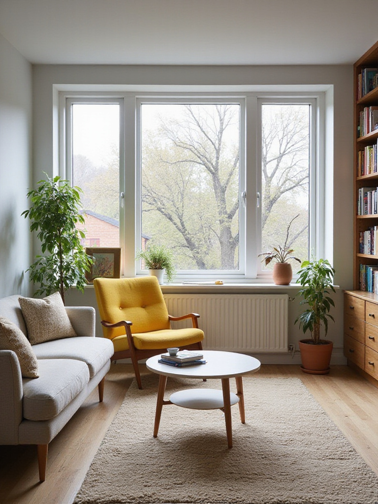Modern living room with bright yellow mid-century accent chair as focal point.