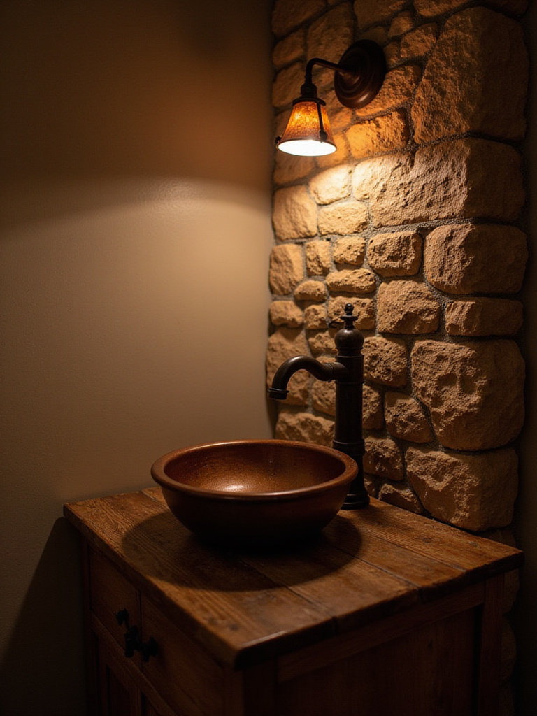 Rustic bathroom with copper vessel sink and oil-rubbed bronze faucet