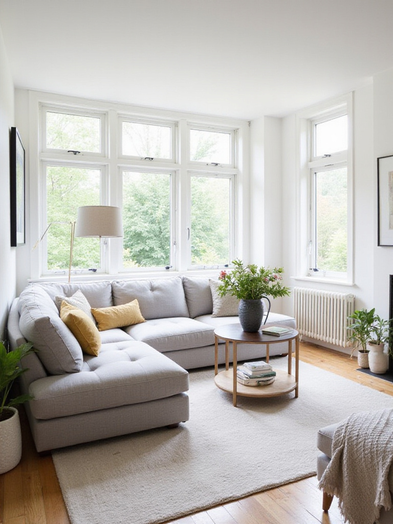 Comfortable grey sectional sofa in a bright and airy living room.