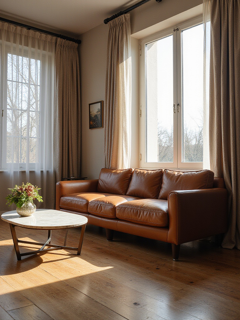 Luxurious living room featuring high-end, durable materials like leather sofa, hardwood flooring, and marble coffee table.