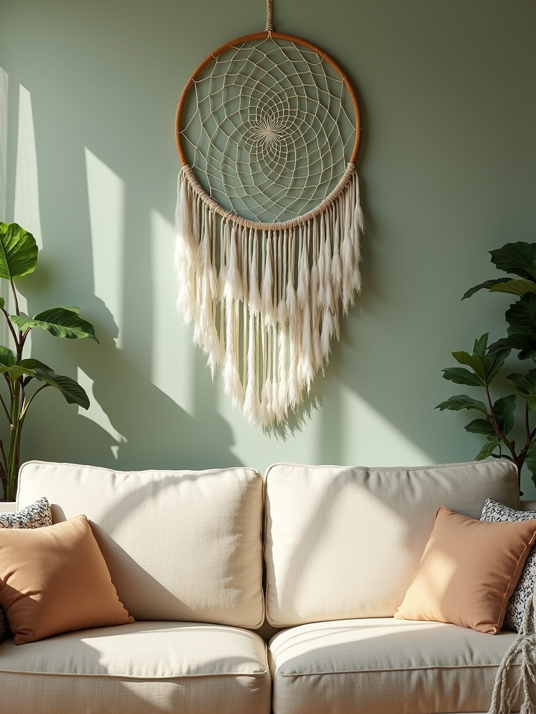 Boho living room with a large, decorative dream catcher hanging above the sofa.