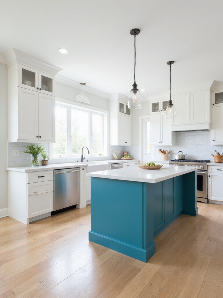Modern kitchen with white cabinets and a vibrant teal blue kitchen island.