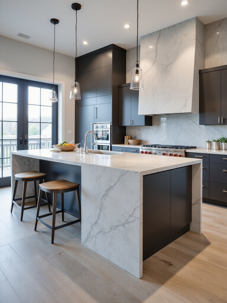 Modern kitchen with oversized island featuring a waterfall countertop and built-in cooktop.