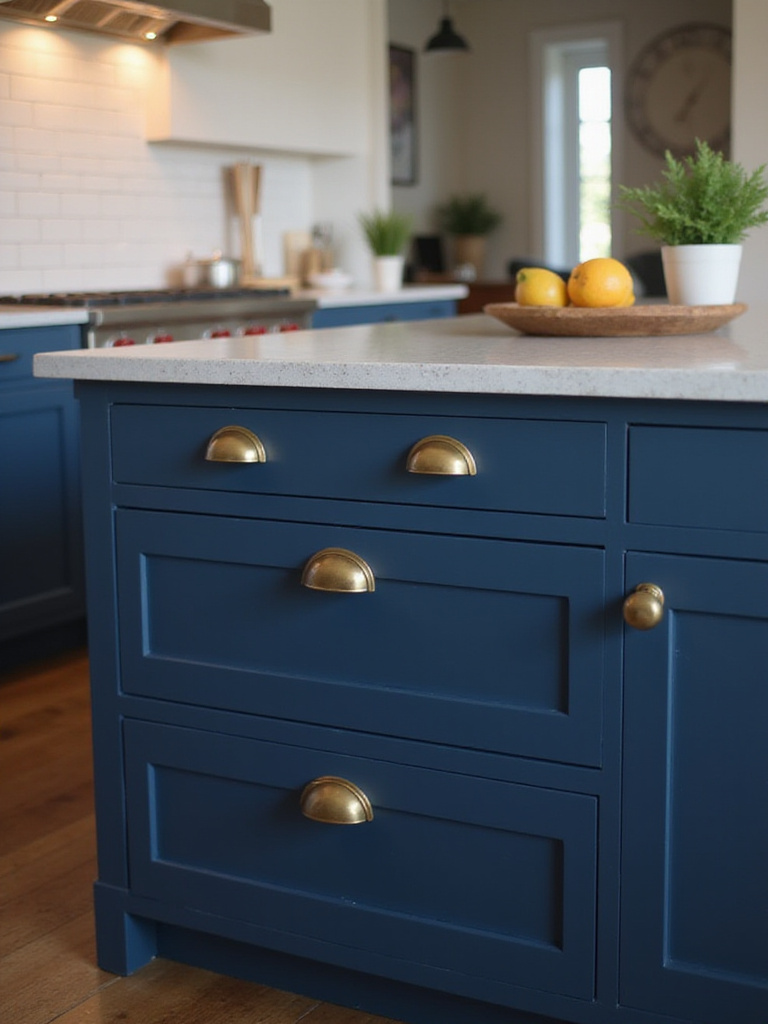 Modern navy blue kitchen island with brushed brass hardware.