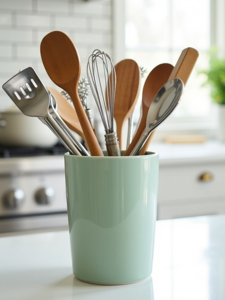 Stylish sage green ceramic utensil holder filled with kitchen utensils on a clean kitchen countertop.