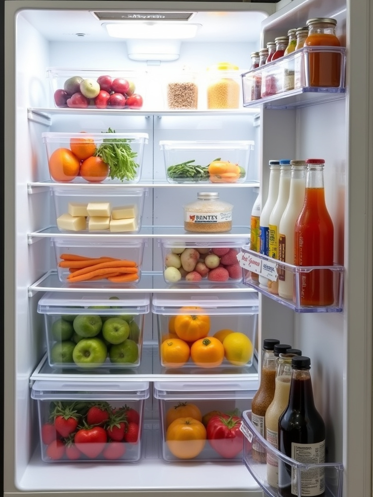 Organized refrigerator with clear bins and trays filled with fresh food.