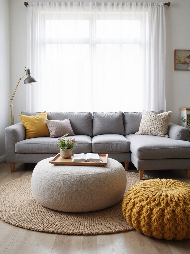 Modern living room with grey sectional sofa, round ottoman with wooden tray, and mustard yellow knitted pouf.