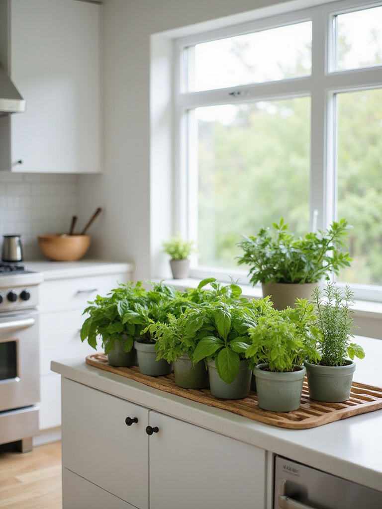Indoor herb garden integrated into a modern kitchen island, showcasing fresh herbs for cooking.
