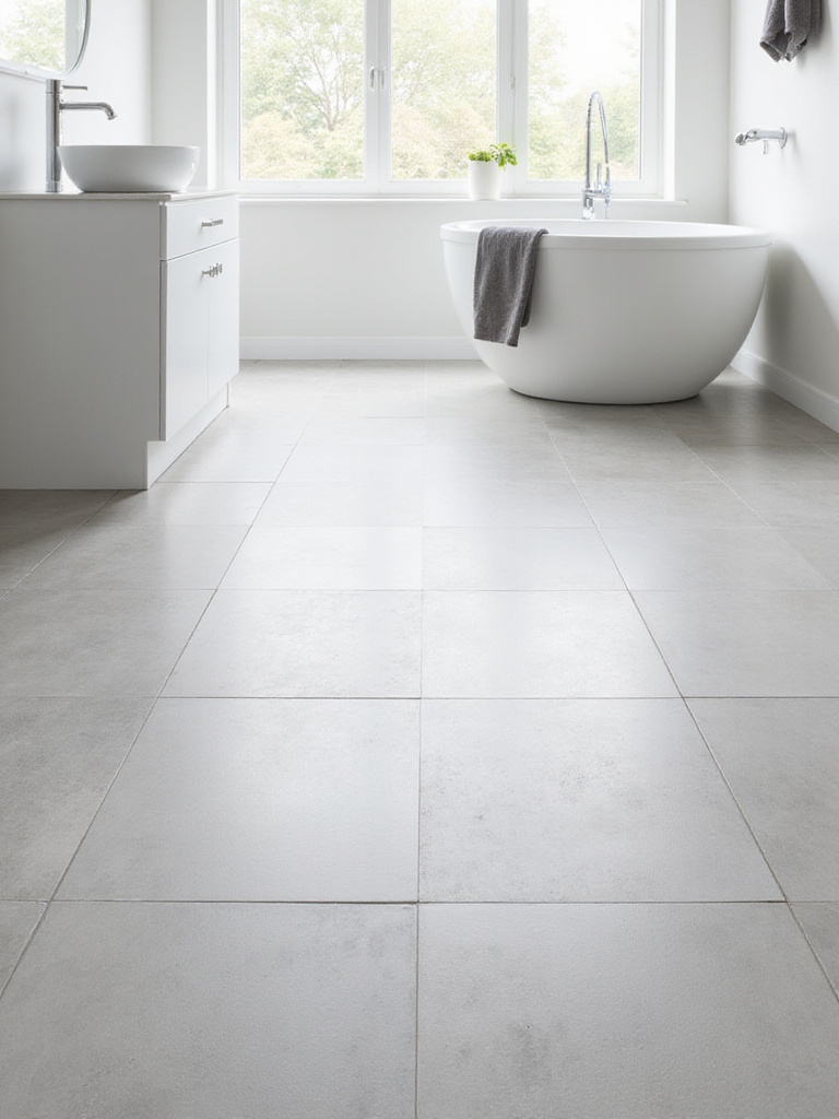 Large format light gray bathroom floor tiles creating a seamless and spacious look.