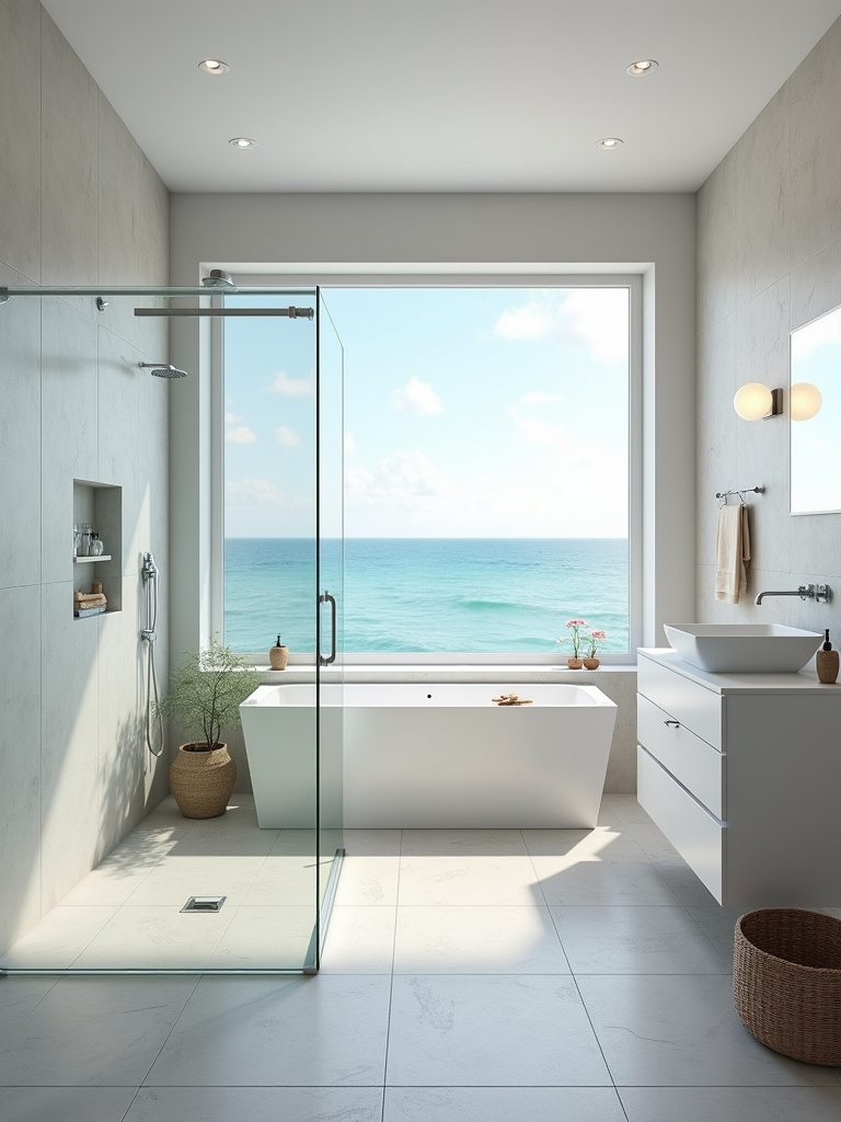 Coastal bathroom with large format light gray tiles for a seamless and minimalist design