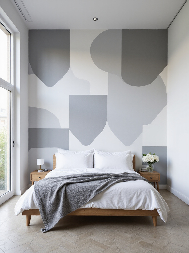 Modern bedroom with large-scale geometric wallpaper accent wall