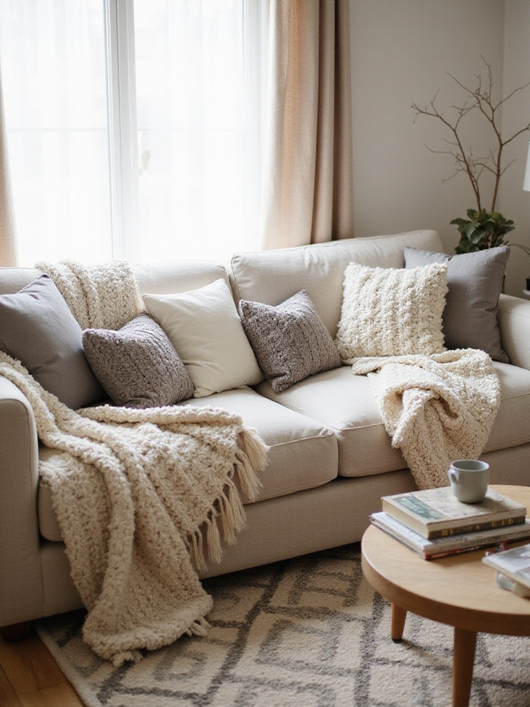 Cozy living room with layered textures of faux fur, wool, and linen.
