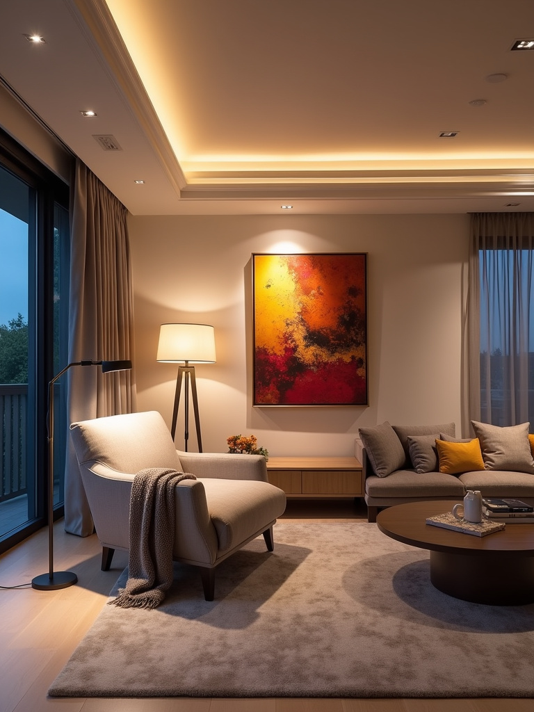 Modern living room showcasing layered lighting: recessed lights, floor lamp, and art spotlights.