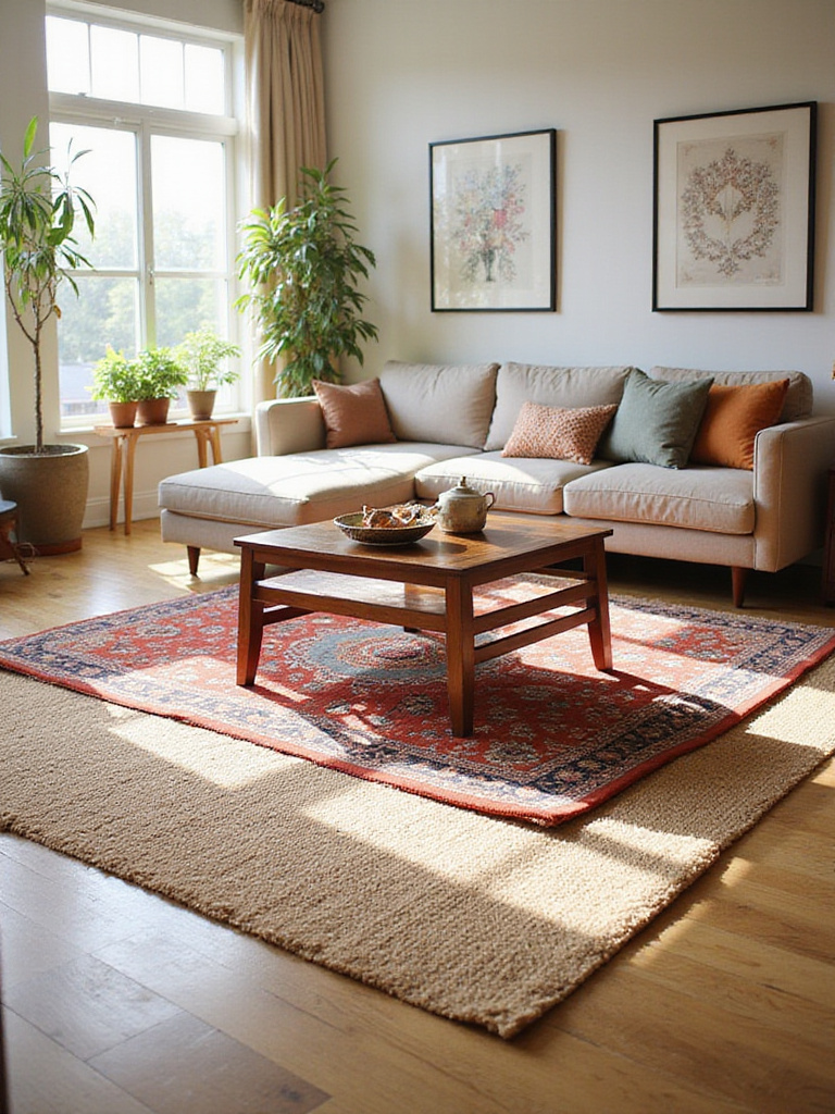 Living room featuring a layered rug arrangement: a large jute rug with a smaller Persian rug on top.