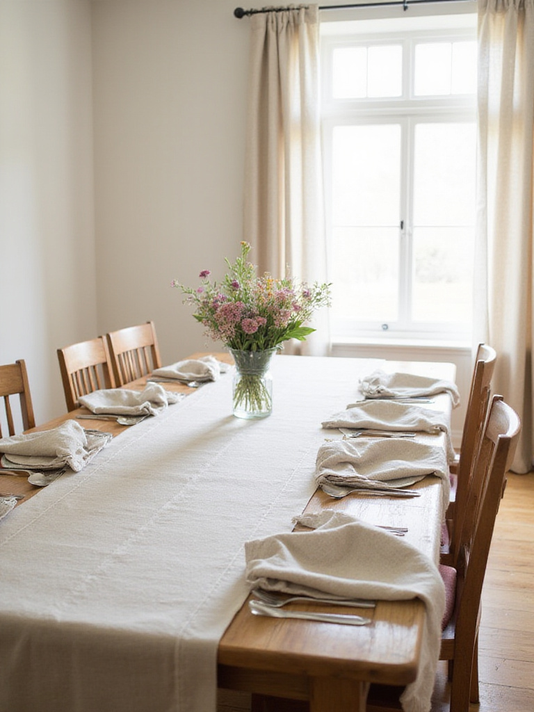 Farmhouse dining room with linen tablecloth, cotton runner, and linen napkins