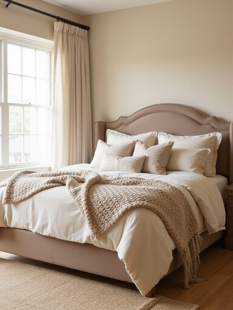 Beige bedroom with layered textures and tones creating a serene and inviting space.